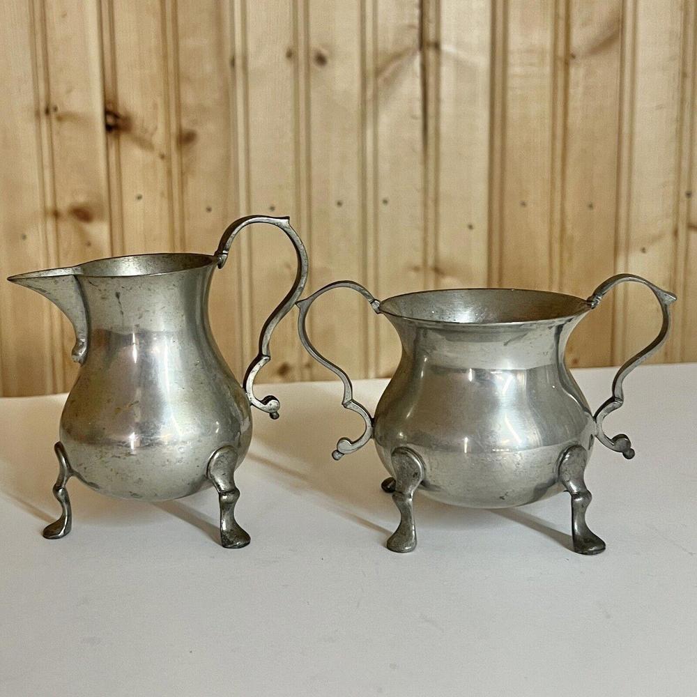 Stieff Colonial Williamsburg Pewter Creamer Sugar Bowl Set CW81-18 & CW82-18 VTG
